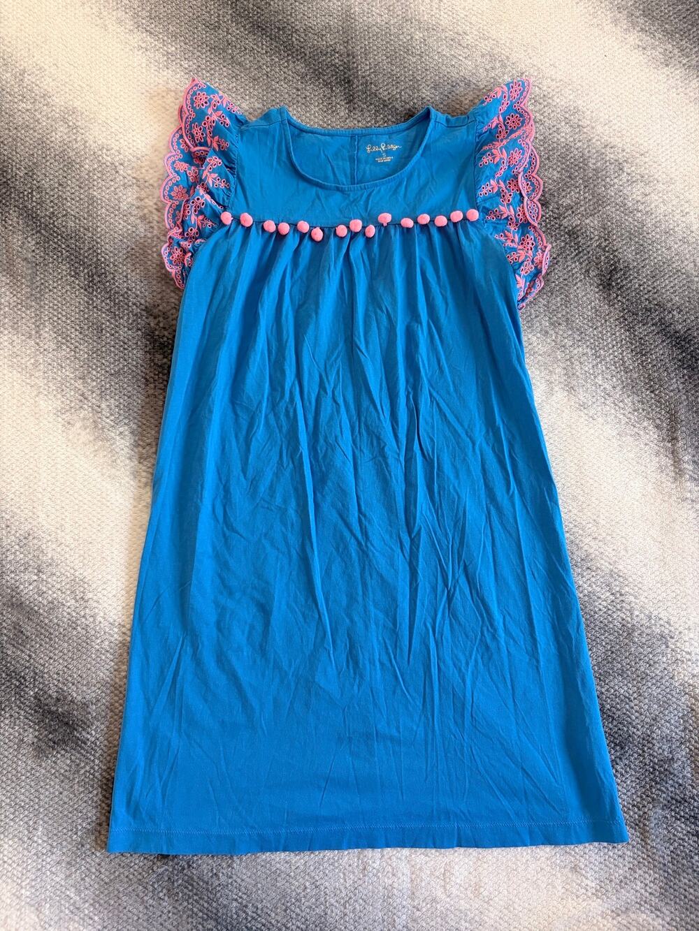 Lilly Pulitzer Ave Tiered Eyelet Ruffle Sleeve Blue Pink Floral Embroidery Small